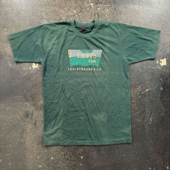 Vtg Levi’s Red Tab Green Short Sleeve T-Shirt Embroidered Logo Mens 2XL Read Bio - Picture 1 of 16